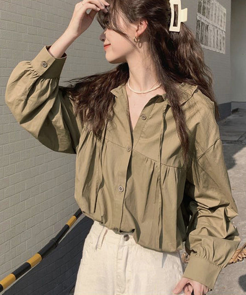 フリル衿ブラウス 長袖タックシャツ韓国風 大人可愛い ボリューム袖シャツ レディースおしゃれ キレイめトップス リボンブラウス ゆったり 体型カバー春秋服 着やせ 1SUYUZI-007